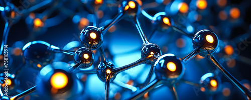 Abstract close-up of a molecular structure in blue hues, depicting the intricate complexity and connectivity of scientific molecular research