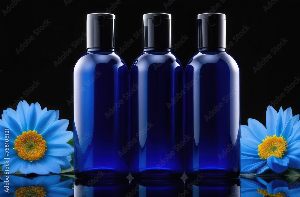 Blue bottles without inscriptions for shampoo on a black background with flowers in backlight with space for text Blue bottles without inscriptions for shampoo on a black background with flowers in backlight with space for text