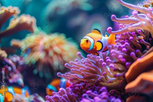  KS Colorful clown fish swimming in anemones