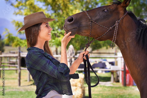 Cowgirl, smile and woman with horse at farm outdoor in summer or nature in Texas for recreation. Western, happy female person and animal at ranch, pet or stallion in the rural countryside for care