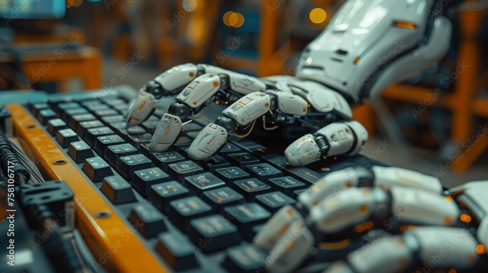Robotic hand typing on a keyboard, illustrating advanced machine intelligence and automation in technology