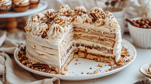 Close up on a delicious stylish and beautiful layered cream cake with nuts and chocolate and whipped cream on top on a white plate