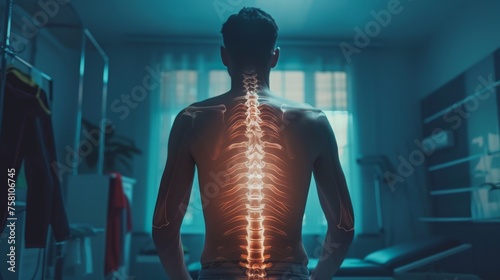 Touching painful back suffering from spine pain due to osteoporosis, degeneration photo