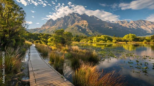 Scenic queenstown: majestic mountains and boardwalk on new zealand's stunning trail