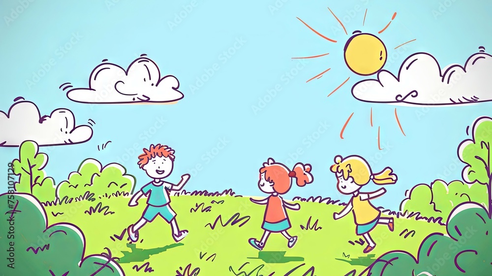 Happy kids playing on the grass- Illustration, cartoon background Happy kids playing on the grass- Illustration, cartoon background