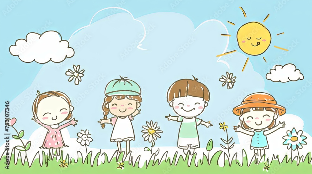 Happy kids playing on the grass- Illustration, cartoon background Happy kids playing on the grass- Illustration, cartoon background