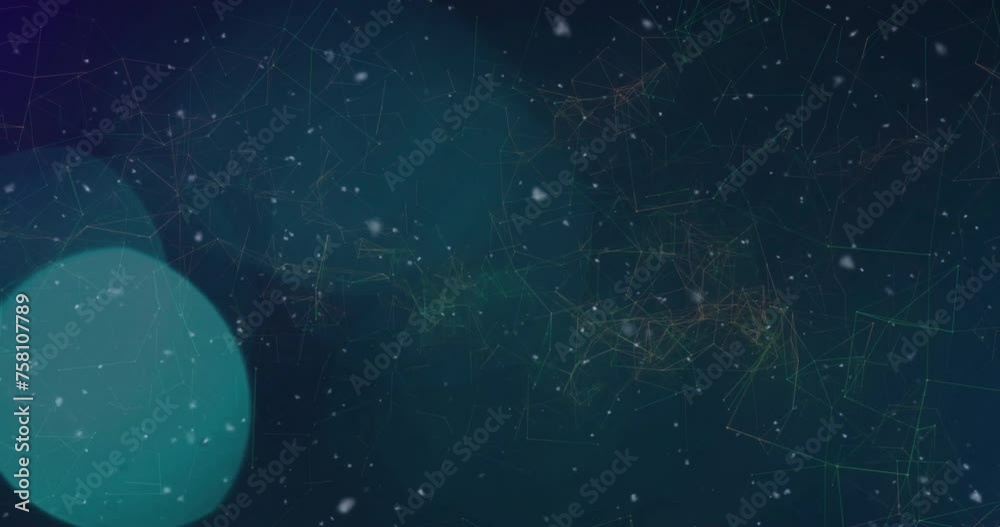 Animation of snow falling and light spots over network of connections on black background Animation of snow falling and light spots over network of connections on black background