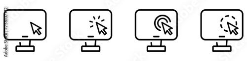 Computer cursor click vector icon set. Arrow mouse on pc display sign. Monitor with pointer symbol. Click to the button sign.