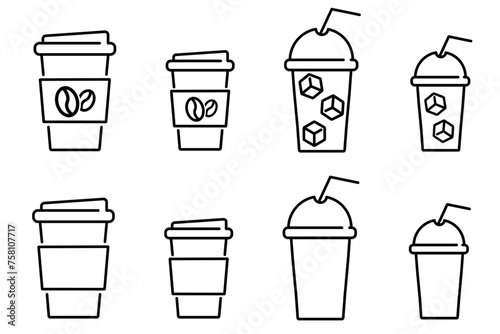 Hot and cold drinks icon set. Paper coffee cup different size sign. Disposable plastic cup with straw for iced coffee symbol.