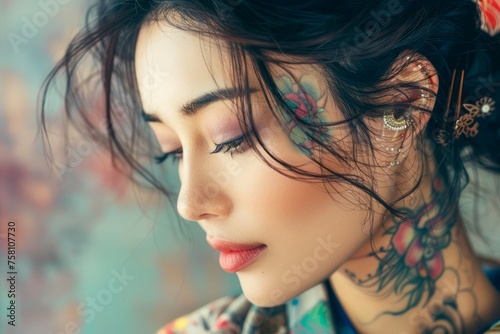 Elegant Tattooed Young Woman Posing with Exotic Floral Body Art in a Dreamy Ethereal Portrait Setting