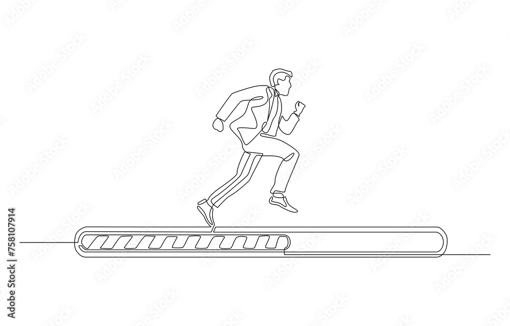 Continuous one line drawing of businessman running on loading bar, working progress concept, single line art.