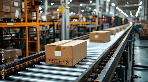 carton cardboard boxes on conveyor belt in warehouse. Industrial background. © Katsiaryna