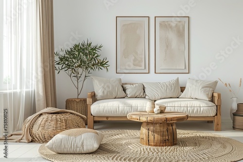 A living room with a white sofa  wooden coffee table and side tables  beige rug on the floor  plants in vases  framed artwork on the wall above the couch  neutral color scheme  cozy atmosphere.