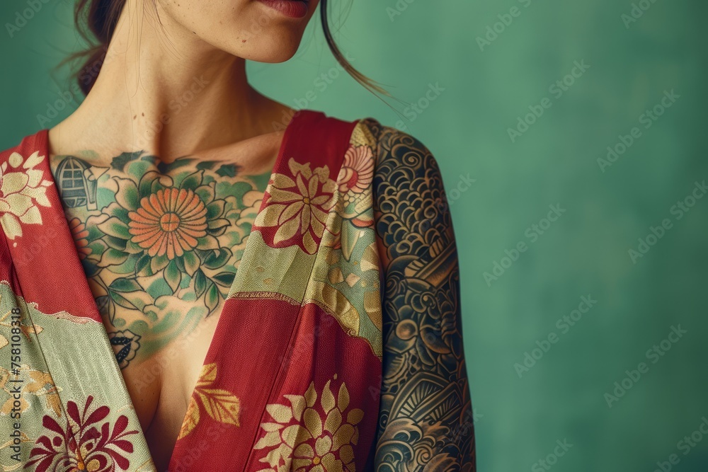 Elegant Woman in Traditional Floral Dress Posing Against Turquoise Background, Artistic Fashion Portrait