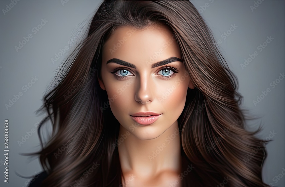 Young attractive girl with long dark hair and light grey eyes looking directly into the frame, blurred background, close-up portrait Young attractive girl with long dark hair and light grey eyes looking directly into the frame, blurred background, close-up portrait