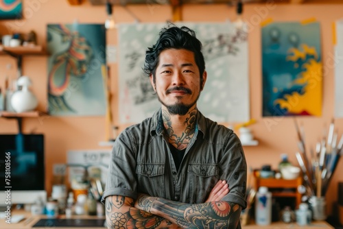 Confident Tattoo Artist Standing with Arms Crossed in Artistic Studio with Colorful Paintings and Equipment