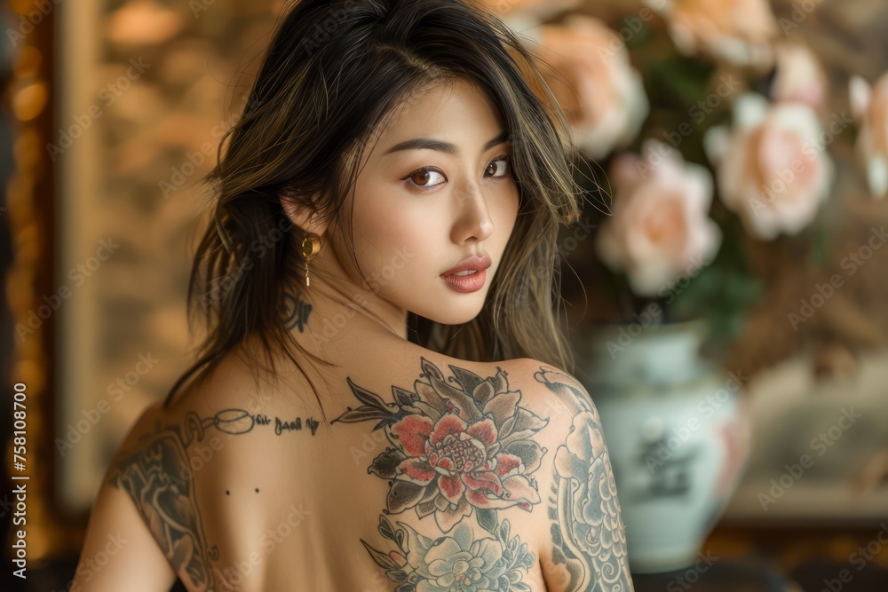 Elegant Tattooed Young Woman Posing in Floral Background, Artistic Portrait of Female Model with Body Art Elegant Tattooed Young Woman Posing in Floral Background, Artistic Portrait of Female Model with Body Art