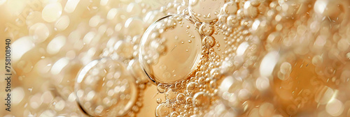 A closeup surface of sparkling wine with bubbles and foam. champagne bubbles, yellow foam texture background,banner photo