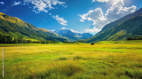Idyllic summer scene: new zealand's majestic mountain range, verdant fields, and azure sky in the south