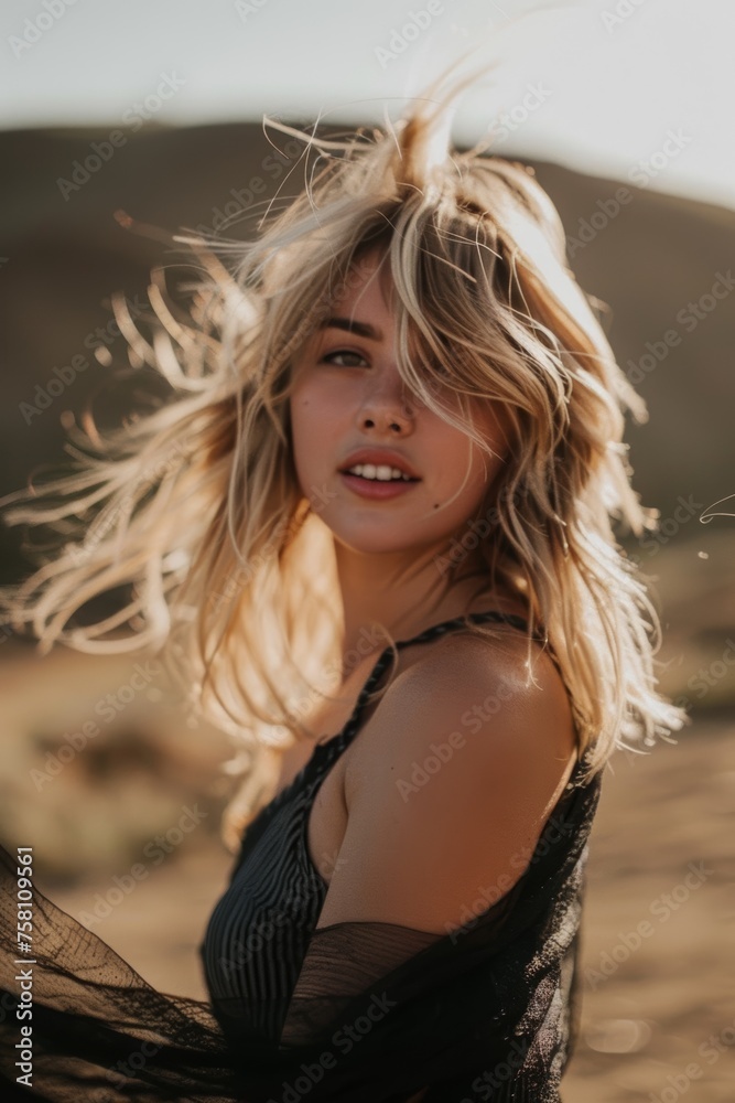 Beautiful Woman has light skin her hair is styled with soft waves her expression is neutral she's wearing a white, ruffled top standing against dark background created with Generative AI Technology