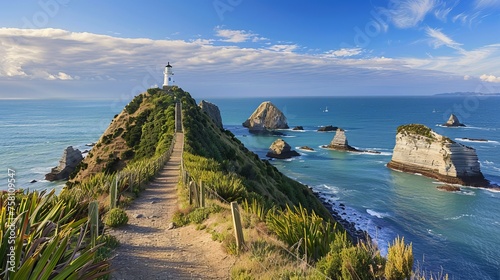 Nugget point lighthouse and the nuggets, otago: iconic east coast new zealand view photo