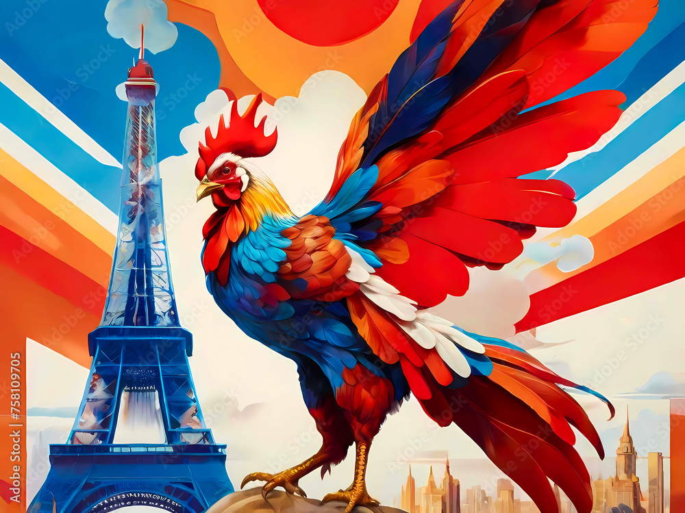 France's emblem. Gallic Rooster with spread wings sitting near iconic