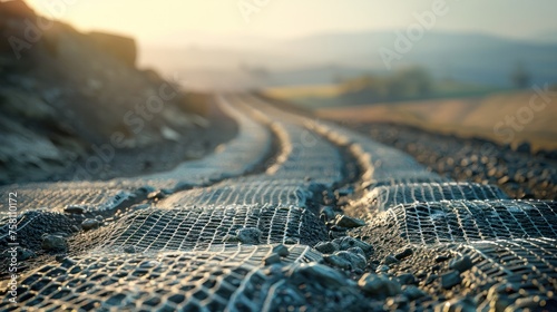 Geo-textile Reinforced Road Construction Showcasing Soil Stabilization Techniques in Industrial Setting photo