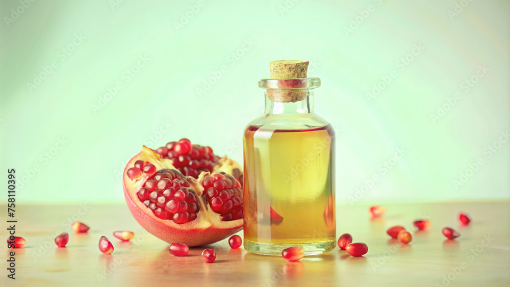 Pomegranate and Pomegranate Oil on Pastel Background with Copy Space
Pomegranate and Pomegranate Oil on Pastel Background with Copy Space