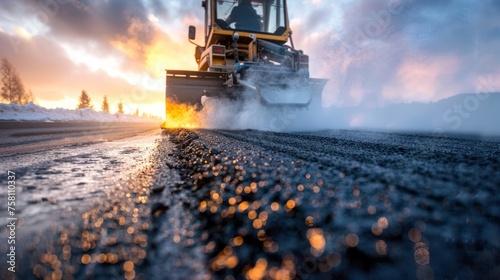 Heavy Machinery Laying Asphalt: Foundation Layer Construction for Durable Pavements