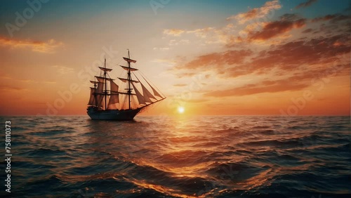 Ship sails on the ocean with a beautiful sunset view background