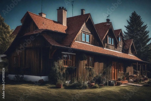 old elegant house painted with brown colors wit chimneys