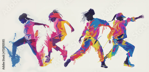 Horizontal grunge style poster, banner design with a group of hiphop dancers. Silhouettes of girls, young women dancing hiphop on white background with color splashes, modern banner design