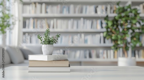 White table with books over a blurred modern white study room in the background