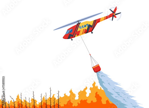 Helicopter extinguishing forest fire. Rescue air transport. Remote extinguishing of fires. Combating natural disasters. Vector illustration