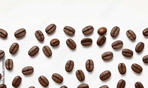 The image shows a group of coffee beans scattered on a gray background.