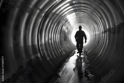 Construction Worker Walking through Gigantic Steel Pipe Tunnel in High Contrast Black and White Photography