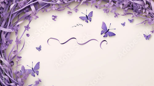 White background with purple ribbons and butterflies. Banner with copyspace.