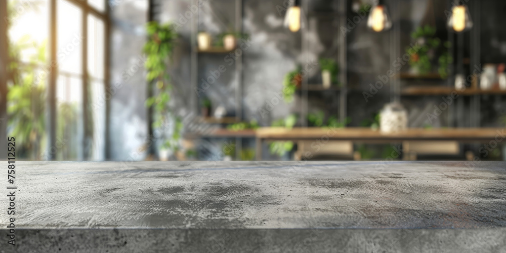 A gray concrete table on blur bokeh modern kitchen interior background in clean and bright,Banner, Ready for product montage A gray concrete table on blur bokeh modern kitchen interior background in clean and bright,Banner, Ready for product montage