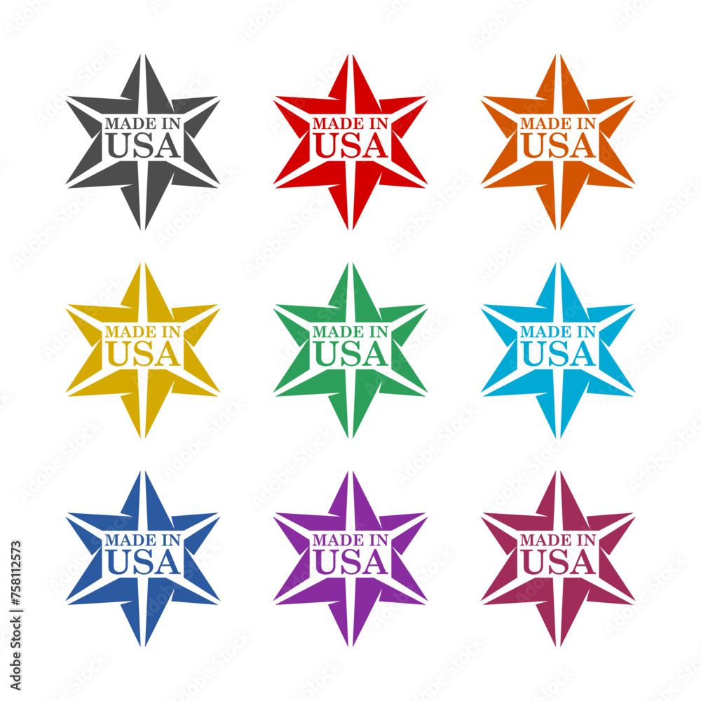 Made in USA label icon isolated on white background. Set icons colorful Made in USA label icon isolated on white background. Set icons colorful
