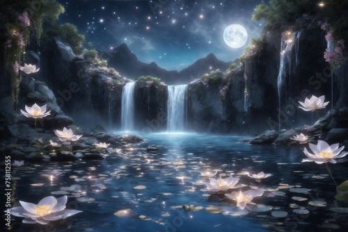Moonlit Falls: Celestial Waters
