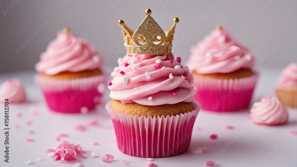 cupcake with pink icing A festive photo of a pink cupcake with a princess crown figurine on top. The cupcake is in a pink paper 