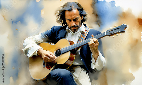 Passionate Flamenco Guitarist Immersed in Music Against Abstract Backdrop