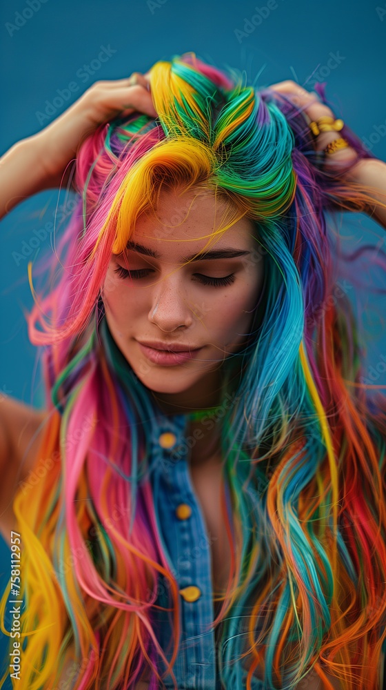 Naklejka premium portrait of a woman with colorful hair, ai 