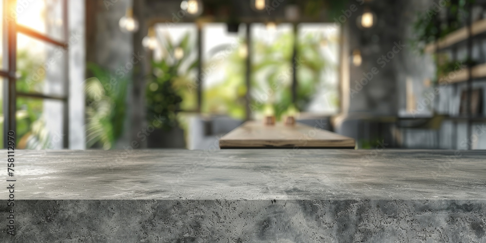 A gray concrete table on blur bokeh modern kitchen interior background in clean and bright,Banner, Ready for product montage A gray concrete table on blur bokeh modern kitchen interior background in clean and bright,Banner, Ready for product montage