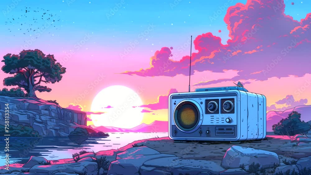 A radio in nature, for Lofi background music. seamless looping 4k time-lapse animation video background 