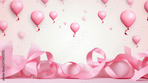 White background with pink ribbons and balloons. Banner with copyspace.