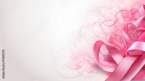 White background with pink ribbons. Banner with copyspace.
