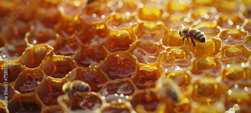 A close-up of a beehive reveals the intricate hexagonal pattern of the honeycomb, each cell brimming with golden nectar collected by industrious worker bees