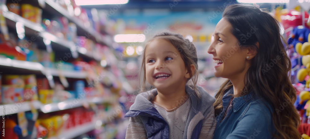 Obraz premium A mother and her young daughter stroll through a department store, their bond evident in their shared laughter and affectionate gestures