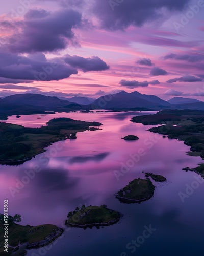 Aerial dusk view of Loch Alsh in Scotland, showcasing purple clouds, pink water reflections, surrounded by islands and mountains, embodying beauty and romance. photo